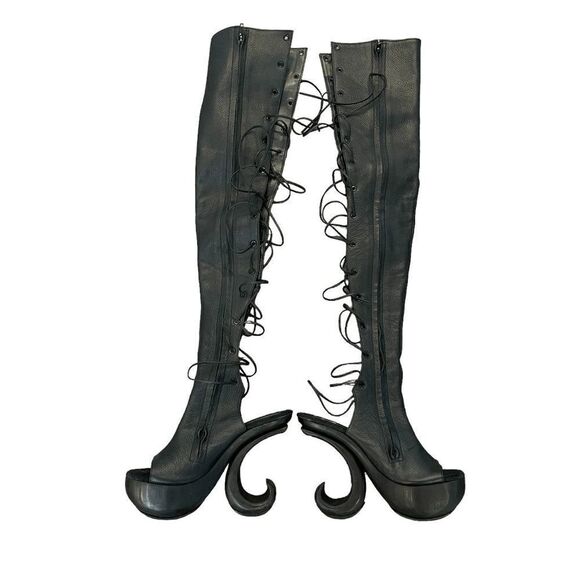 Karo's Shoes Womens Creative Thigh High Knee Boots Platform Open Toe Black 7 - Picture 2 of 12